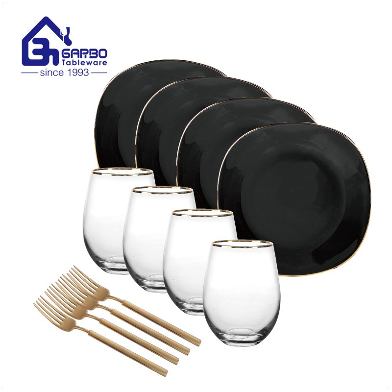 Utensílios de mesa para casa conjunto de jantar preto 12 peças copo de opala e conjunto de colher para jantar