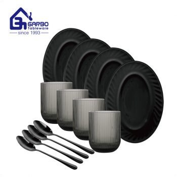 Promotion ribbed glass dinner set with spoon 12pcs home tableware