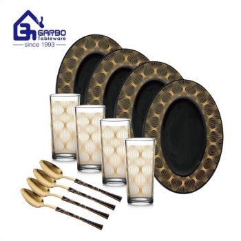 China design do oriente médio linha dourada 12 peças talheres conjunto de jantar de vidro com colher de copo de prato