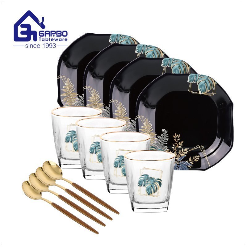 Customized opal dinner plates and tumblers set 12pcs with gold cutlery spoons