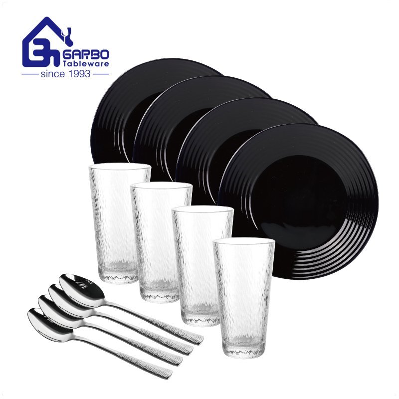 Black opal dinner set combined with glass tumbler and dinner fork