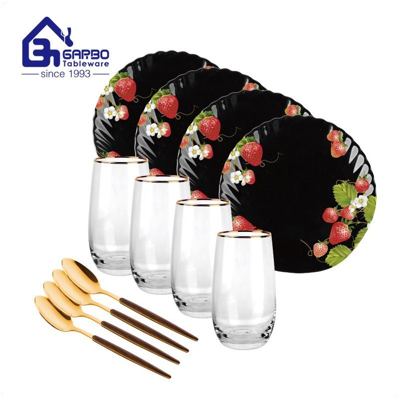 New combined dinner set with black opal plate, tumbler and spoon