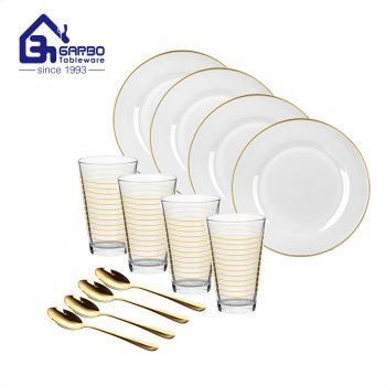 tableware golden glass dinner set with spoon 12pcs for gift