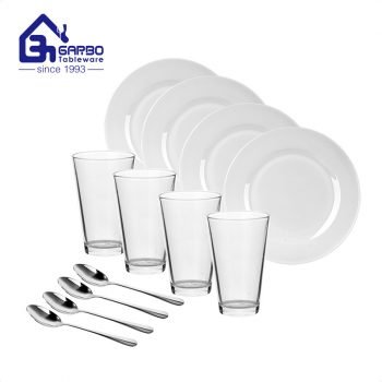 Promotion classic plain white round 12pcs dinner set plate tumbler spoon for tableware