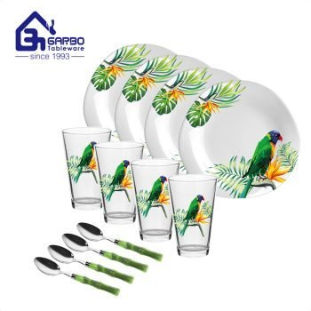 Fancy South Amercial style animal bamboo design 12pcs opal glass dinner set