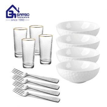 Promoção conjunto de garfo e tigela de vidro opala padrão martelo 12 peças para talheres domésticos