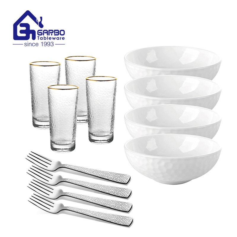 Popular minimalism 12pcs hammer design dinner set opal glass with water tumbler and spoon