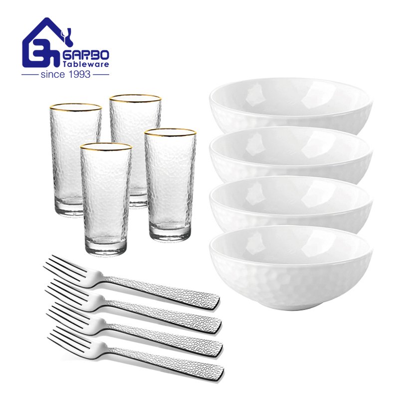 Garbo conjunto de jantar forma oval simples 12 peças de vidro opala branco combinado com conjunto de colher