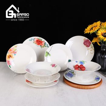 Stock clear custom print ceramic flat and soup plate set stoneware dish dinnerware