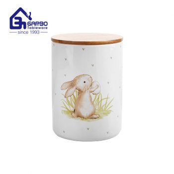 سطل نگهداری مواد غذایی چینی سرامیکی چاپ دوست داشتنی خرگوش با درب بامبو ست شیشه های هایبال