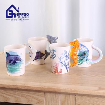 Wholesale unique 3D vivid animal design handmade painted 14oz ceramic coffee cup