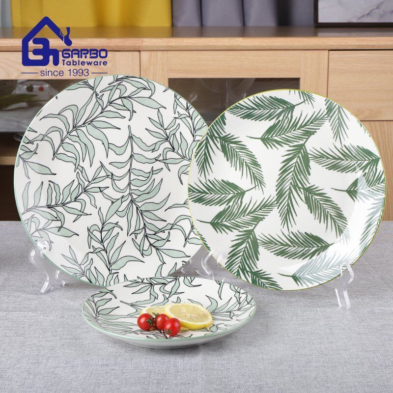 7.5” green leaves design printing ceramic dessert plate stoneware