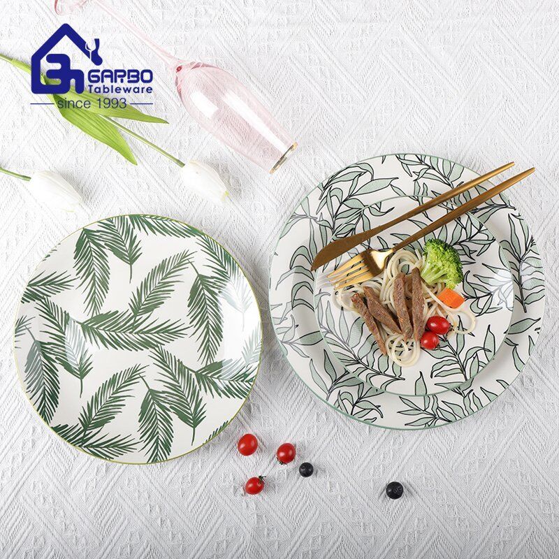 7.5” green leaves design printing ceramic dessert plate stoneware