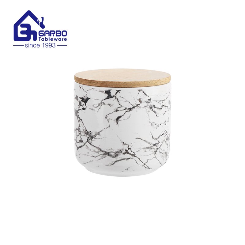 Frasco de armazenamento de cerâmica com tampa de bambu selado com silicone com decalque estilo mármore