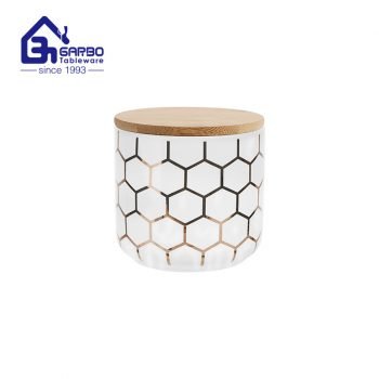 Pot de stockage en céramique de 750 ml avec couvercle en bambou scellé avec du silicone avec décalcomanie dorée
