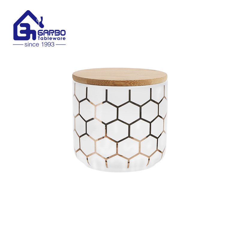 750ml ceramic storage jar with bamboo lid sealed with silicone with golden decal