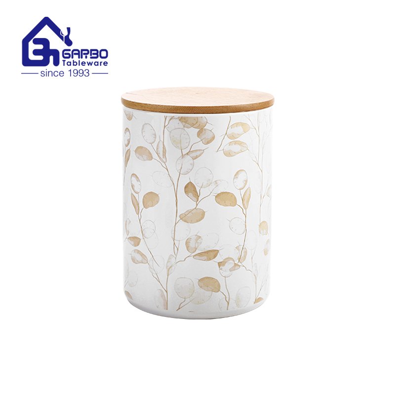 750ml ceramic storage jar with bamboo lid sealed with silicone with golden decal