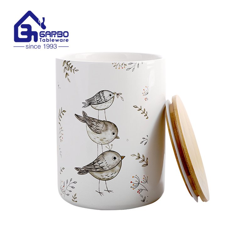 New fashion  ceramic kitchen table storage jar set with bamboo silicone sealed lid birds print jars
