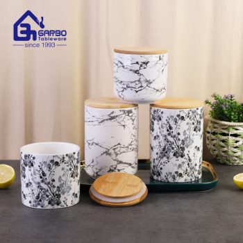 Conjunto de vasilha de cerâmica com tampa de bambu perfeito café chá armazenamento de alimentos vasilha de açúcar design oem jarra de porcelana recipiente de cozinha