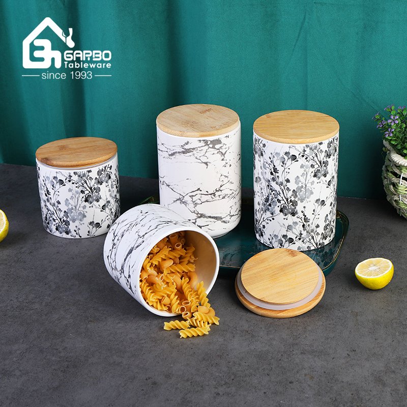 POT DE STOCKAGE EN PORCELAINE DOLOMITE VENTE CHAUDE AVEC COUVERCLE EN BAMBOU