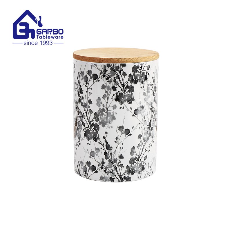 Full decal print ceramic cookies storage jar and food porcelain jars set with bamboo cover