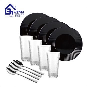 Garbo new combined dinner set with black opal plate, glass tumbler and dinner spoon, serve for 4