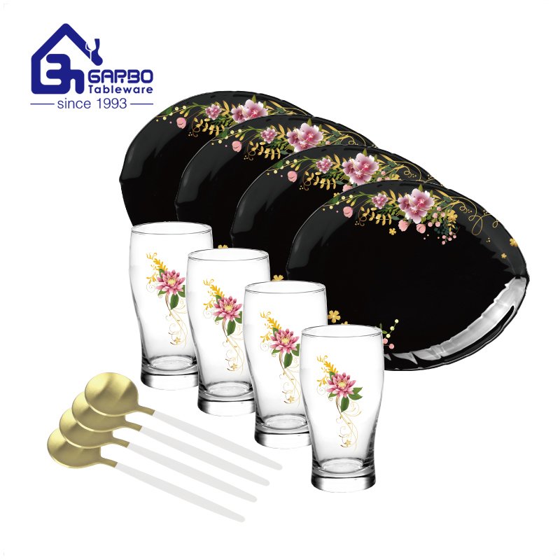 customized flower decal 12pcs tableware dinner set with plate tumbler spoon