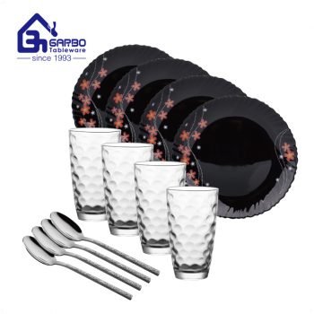 Ausgefallenes 12-teiliges schwarzes Opalglas-Küchen-Teller-Tumbler-Set mit individuellem Aufkleber