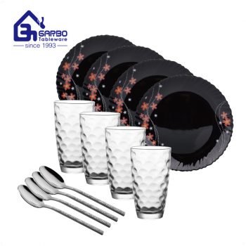 Fantaisie 12pcs noir opale verre cuisine assiette gobelet cuillère ensemble avec personnaliser décalcomanie