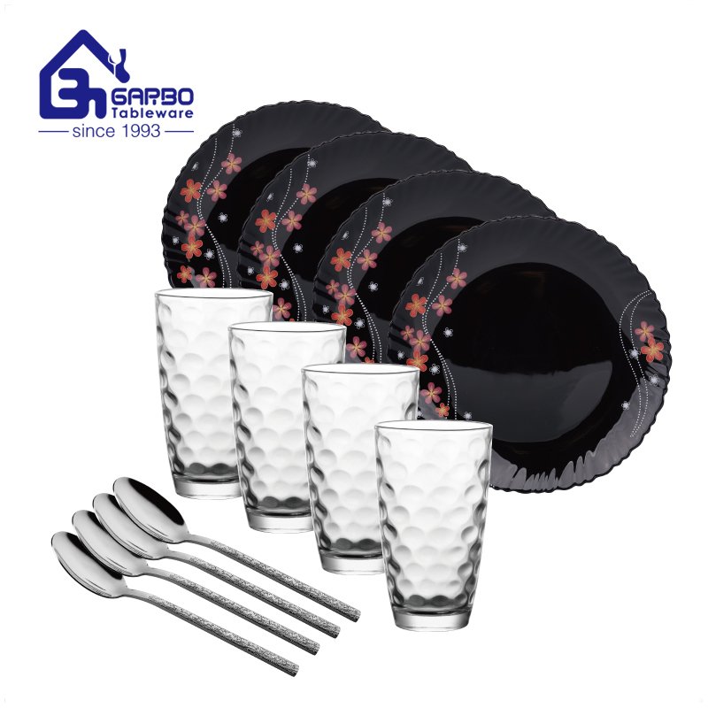 Fancy 12pcs black opal glass Kitchen dinner plate tumbler spoon set with customize decal