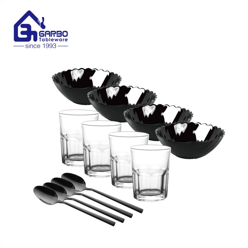 home tableware black dinner set 12pcs opal glass and spoon set for dinning