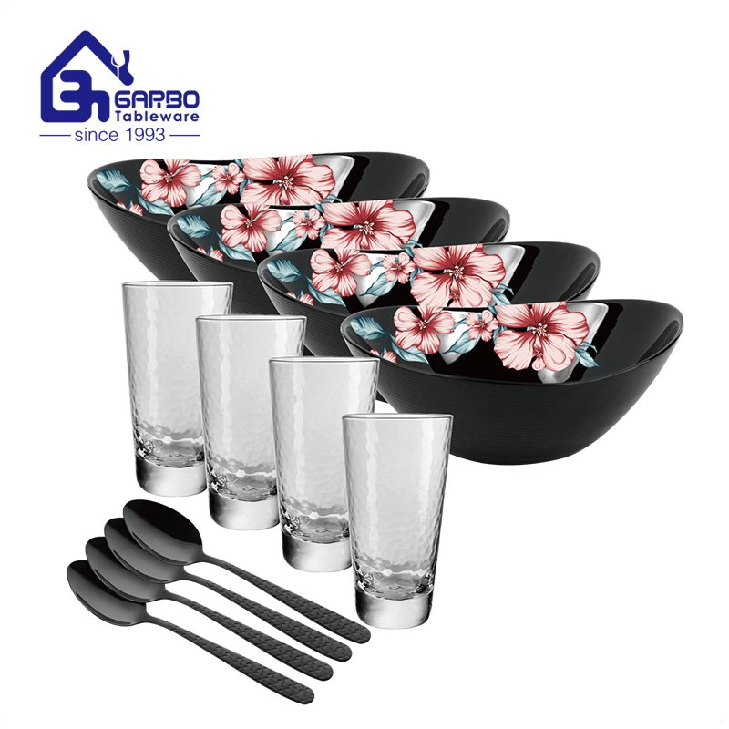 Promotion customize flower decal black opal glass dinner set 12pcs with SS spoon