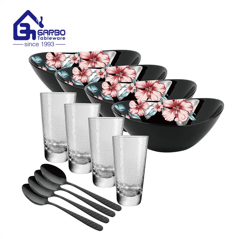 Fancy opal tableware fruit design 12pcs balck dinner bowl with glass tumbler spoon set