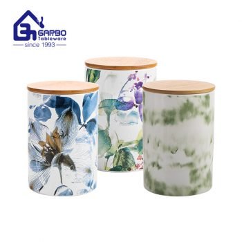 China factory handmade OEM design 3pcs ceramic canister jar set with bamboo lid