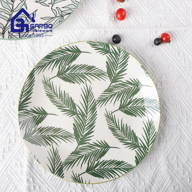 7.5” green leaves design printing ceramic dessert plate stoneware