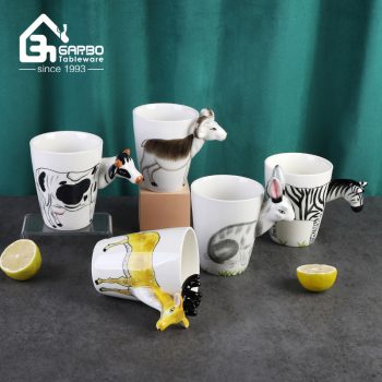 Handmade 400ml kaolin mug with 3D handle of deer design for milk