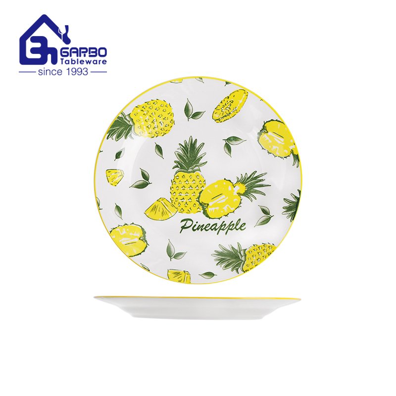 Placa plana de cerâmica de abacaxi em forma redonda de 8 polegadas com banda de pintura à mão promoção de grés de uso diário