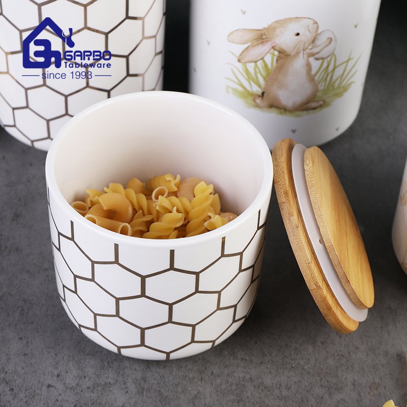 1280-ml-Keramik-Aufbewahrungsdose mit Bambusdeckel und individuellem Blätter-Aufkleber