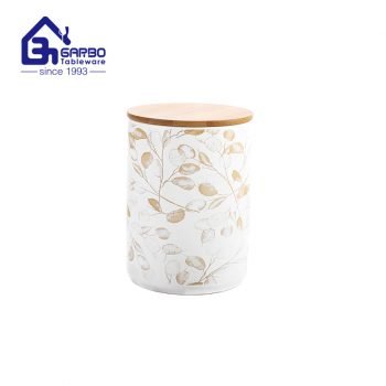 Frasco de armazenamento de porcelana de dolomita de impressão decalque decorativo 800ml com tampa de bambu para pedido de presente