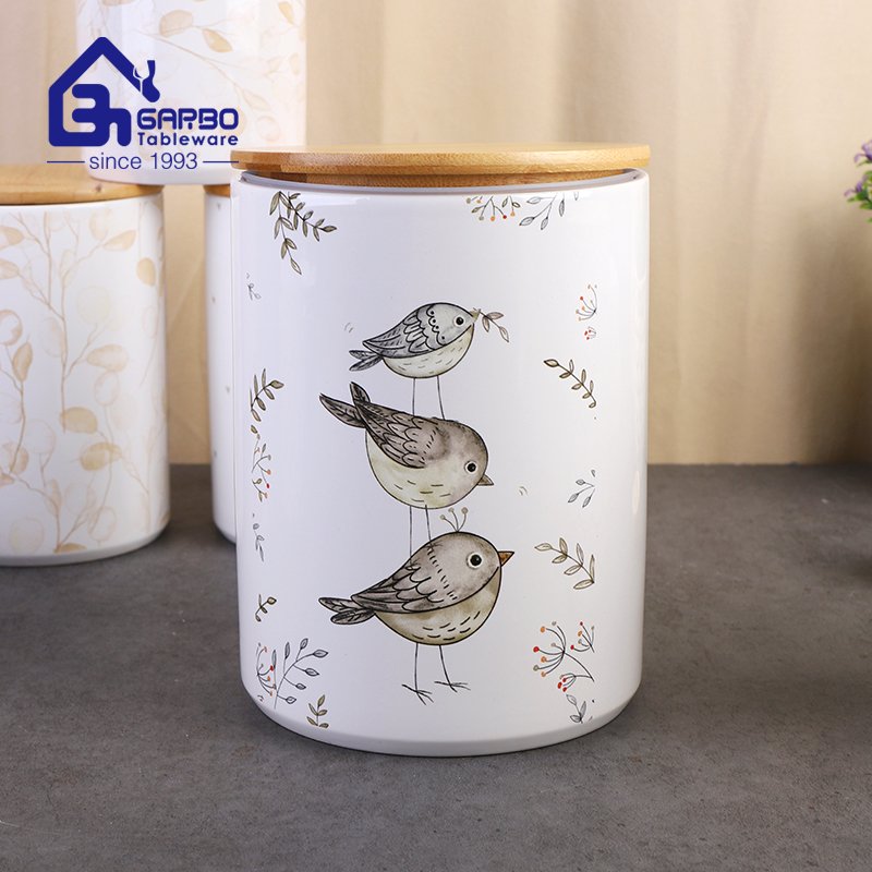 800ml decorative decal printing dolomite porcelain Storage Jar with Bamboo Lid for gift order