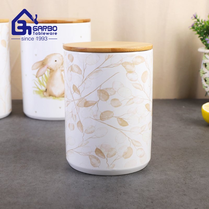 1280ml Ceramic Storage Jar with Bamboo Lid and customized leaves decal