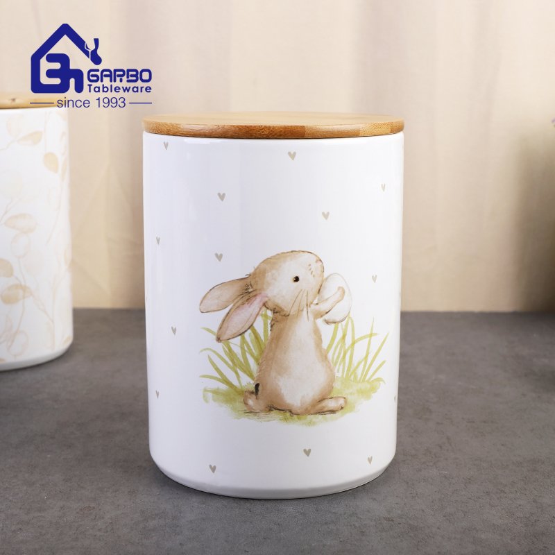 800ml Ceramic Canister with sealed Bamboo Lid and Rabbit decal