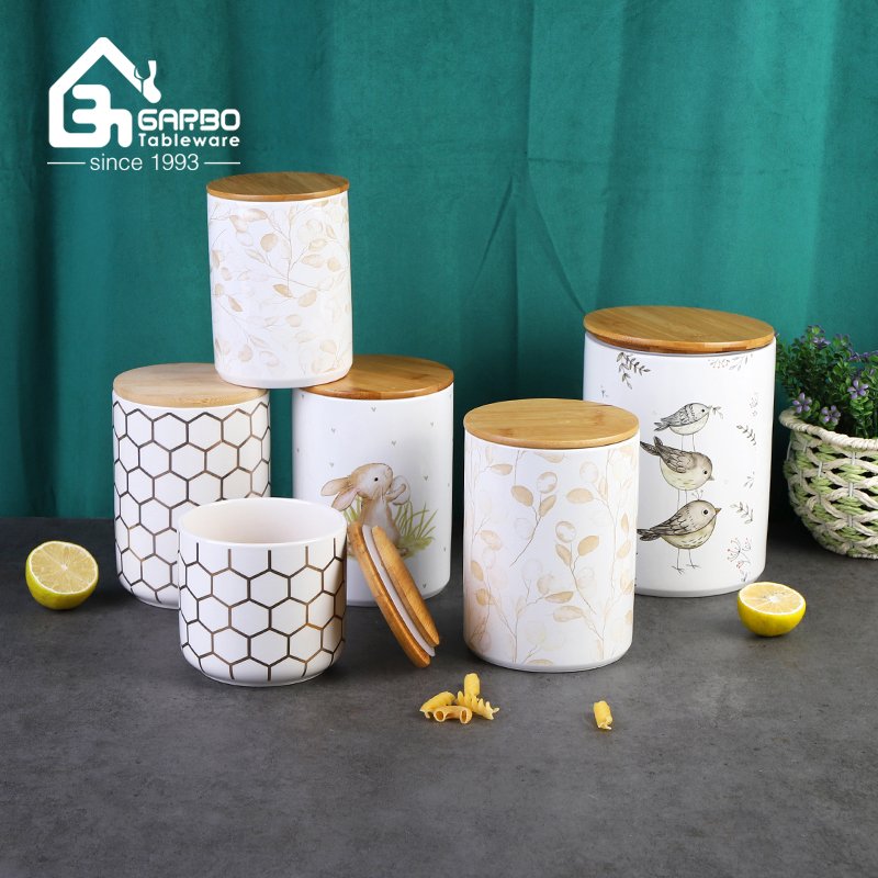 1280ml Ceramic Storage Jar with Bamboo Lid and customized leaves decal