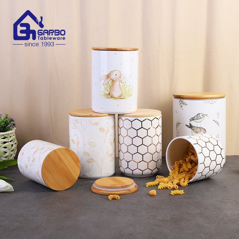 Home kitchen ceramic food storage jar tableware decal print jars with silicone cover