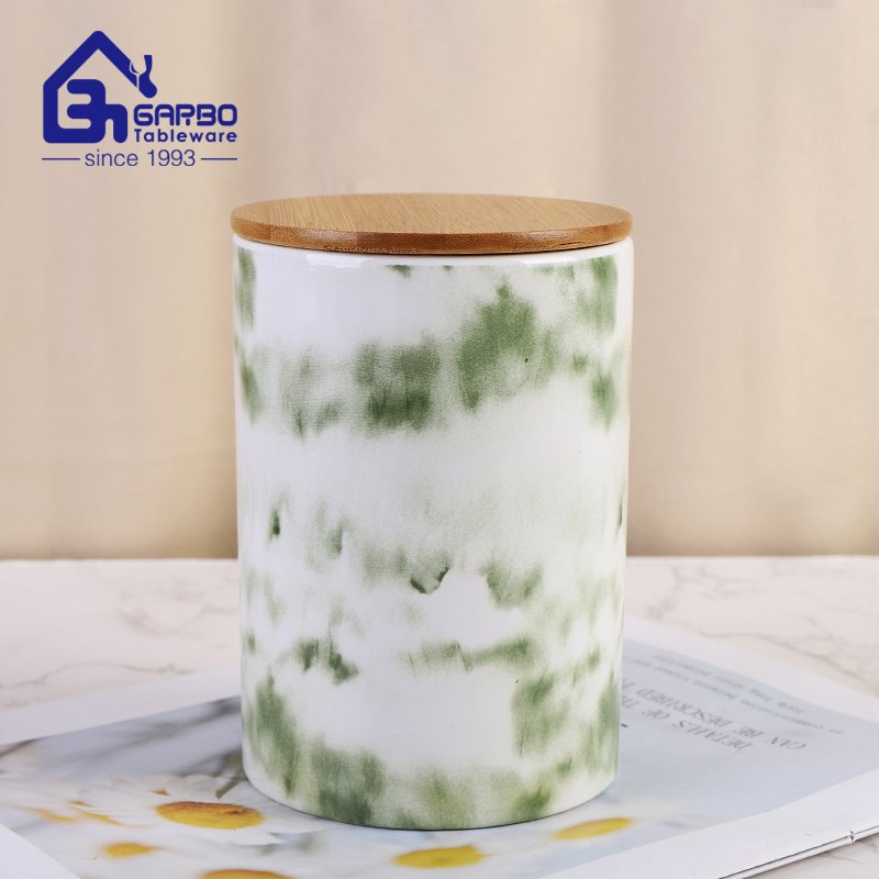 Ceramic dolomite kitchen food storage jar with bamboo lid full decal print jars set