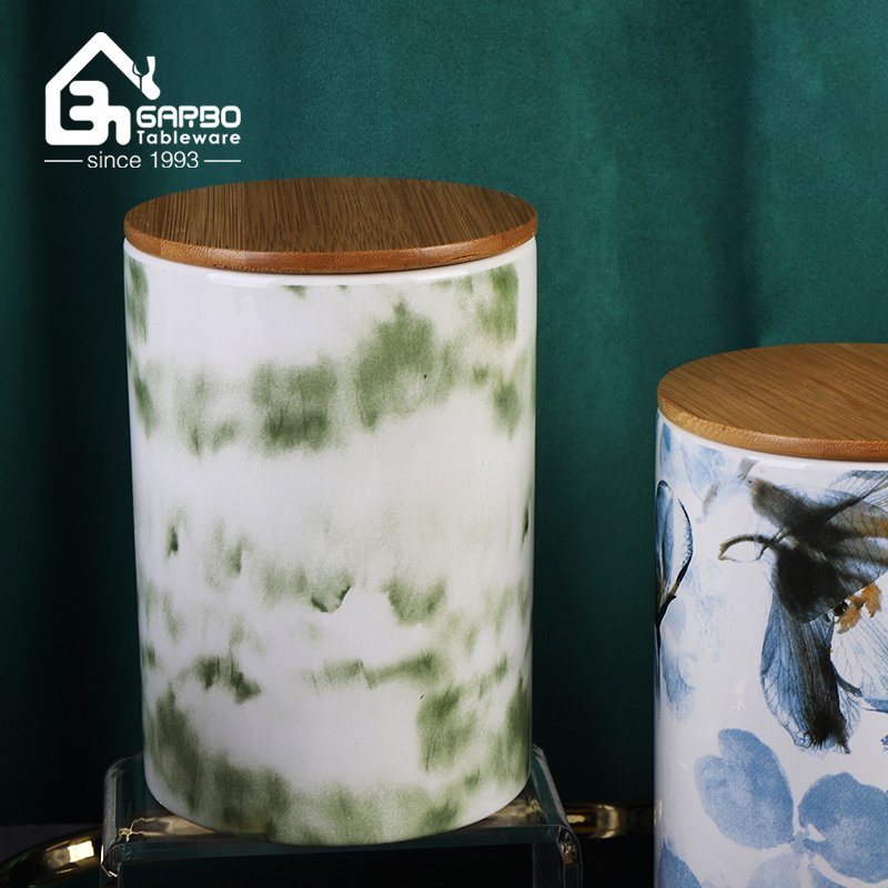 Amzon hot sale 760ml pretty dolomite porcelain jar with hand painting and bamboo lid for gift order