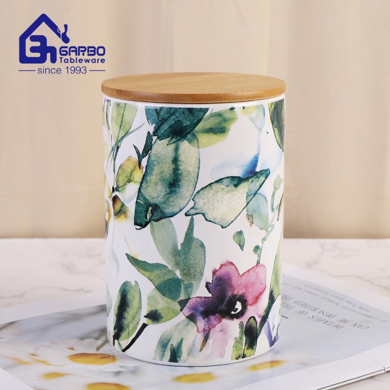 Amzon hot sale 760ml pretty dolomite porcelain jar with hand painting and bamboo lid for gift order