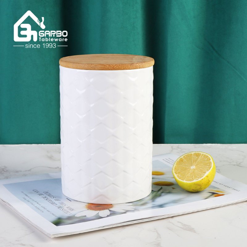 Wholesale white embossed tal ceramic canister food storage jar for kitchen