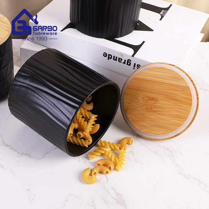 Wholesale elegant white black embossed ceramic food storage jar