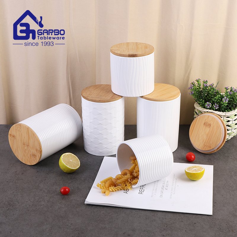 Wholesale white embossed tal ceramic canister food storage jar for kitchen